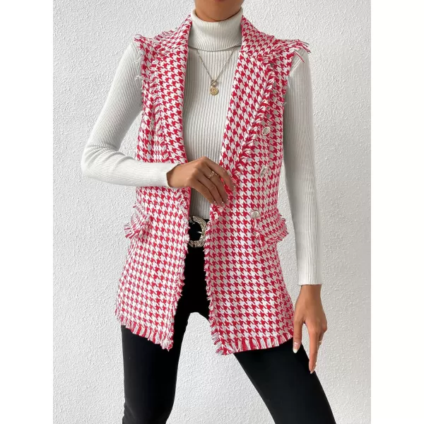 WDIRARA Women's Houndstooth Print Sleeveless Lapel Raw Trim Button Front Long Vest Jacket