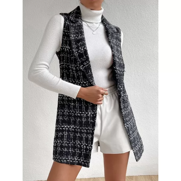 WDIRARA Women's Houndstooth Print Sleeveless Lapel Raw Trim Button Front Long Vest Jacket