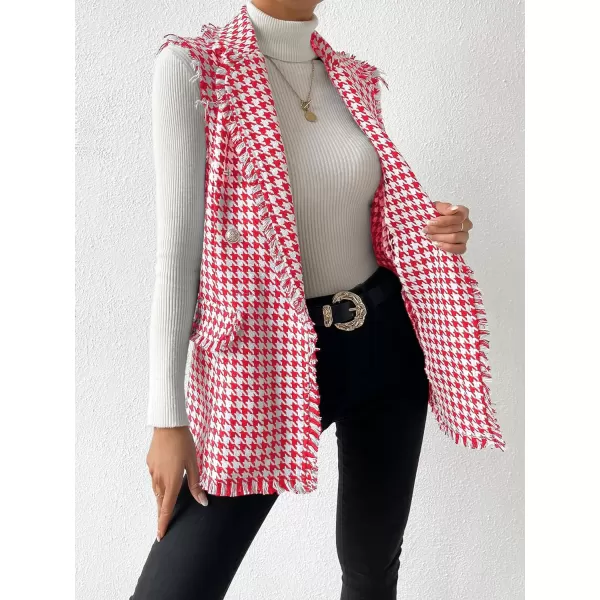 WDIRARA Women's Houndstooth Print Sleeveless Lapel Raw Trim Button Front Long Vest Jacket