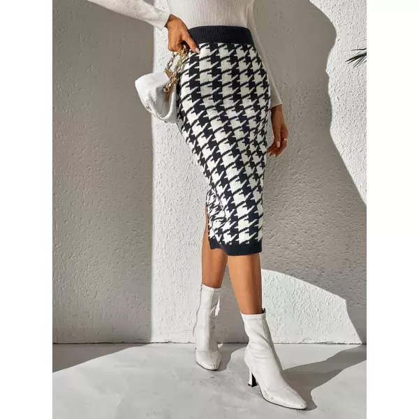 WDIRARA Women's Houndstooth Print Split Hem Knitted Casual Pencil Midi Skirts