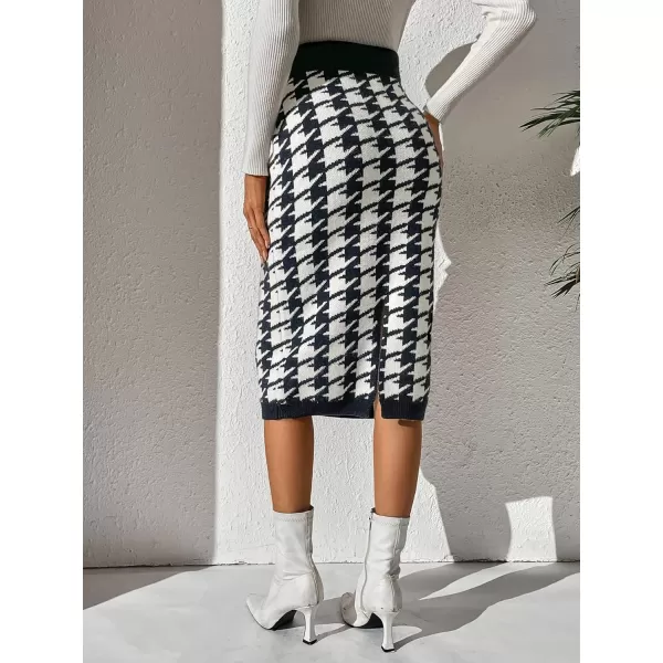 WDIRARA Women's Houndstooth Print Split Hem Knitted Casual Pencil Midi Skirts