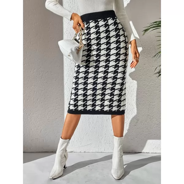 WDIRARA Women's Houndstooth Print Split Hem Knitted Casual Pencil Midi Skirts