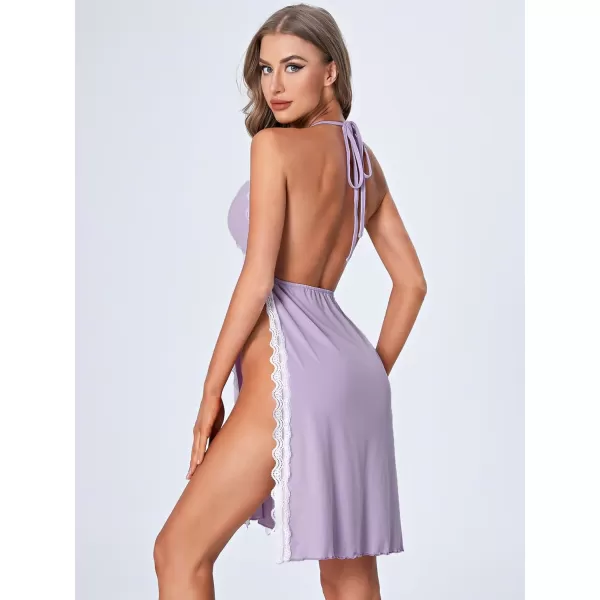 WDIRARA Women's Lace Trim Halter Tie Backless Nightgown Chemise Split Night Dress