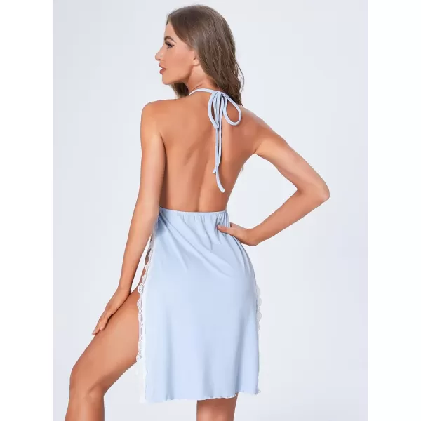 WDIRARA Women's Lace Trim Halter Tie Backless Nightgown Chemise Split Night Dress