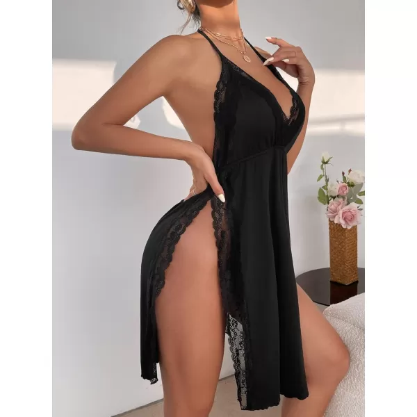 WDIRARA Women's Lace Trim Halter Tie Backless Nightgown Chemise Split Night Dress