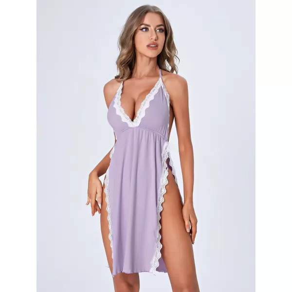 WDIRARA Women's Lace Trim Halter Tie Backless Nightgown Chemise Split Night Dress