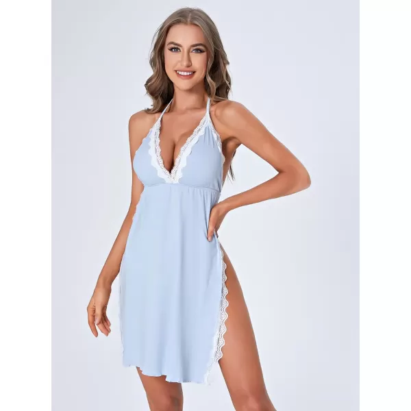WDIRARA Women's Lace Trim Halter Tie Backless Nightgown Chemise Split Night Dress