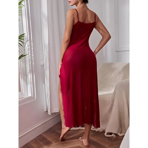 WDIRARA Women's Lace Trim Side Slit V Neck Long Mesh Chemise Nightgown Slip Dress