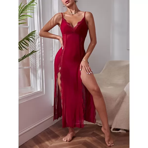 WDIRARA Women's Lace Trim Side Slit V Neck Long Mesh Chemise Nightgown Slip Dress