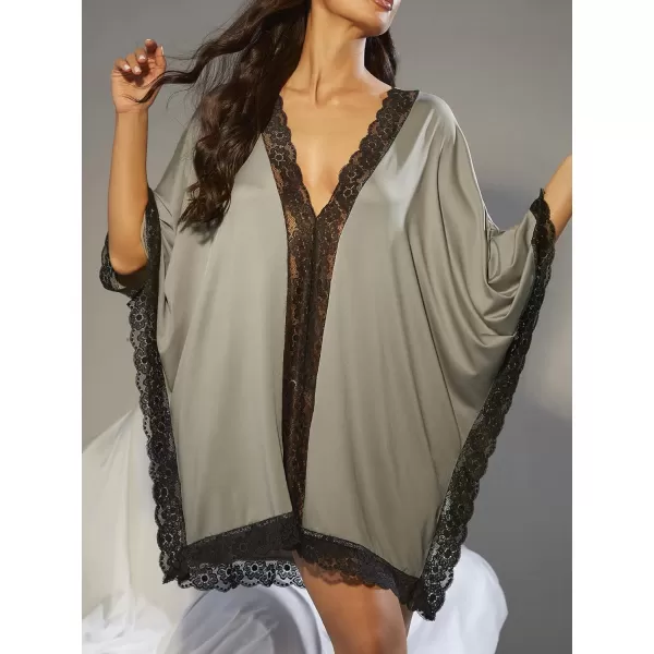 WDIRARA Women's Lace Trim V Neck Batwing Sleeve Chemise Nightgown Nightdress