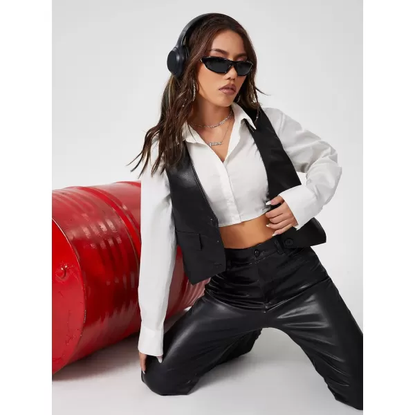 WDIRARA Women's Leather Vest Sleevelesss Single Breated Cropped Moto Biker Outerwear Coat