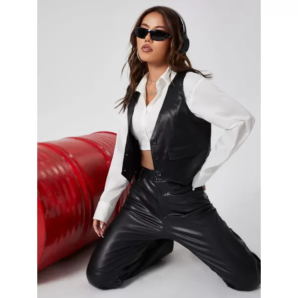 WDIRARA Women's Leather Vest Sleevelesss Single Breated Cropped Moto Biker Outerwear Coat
