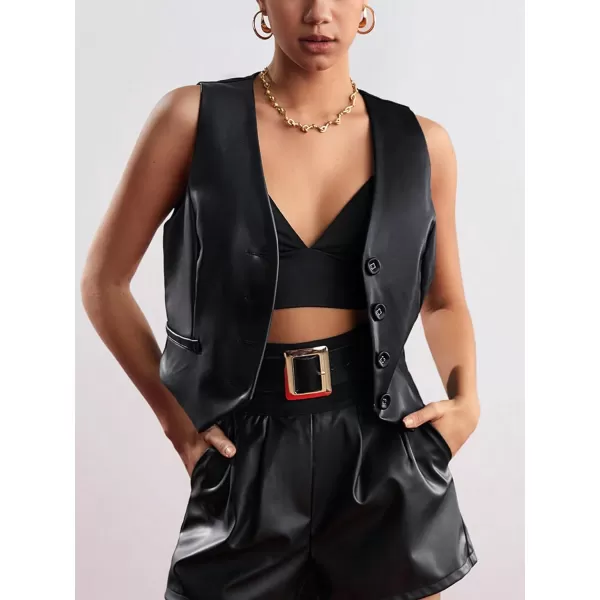 WDIRARA Women's Leather Vest Sleevelesss Single Breated Cropped Moto Biker Outerwear Coat