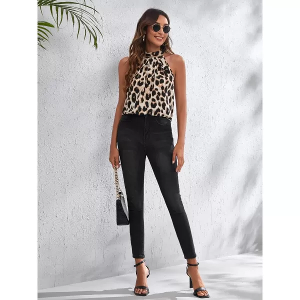 WDIRARA Women's Leopard Print Halter Top Shirt Casual Button Sleeveless Vest