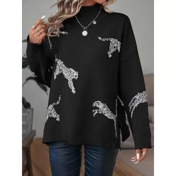 WDIRARA Women's Leopard Print High Neck Long Sleeve Sweater Casual Knit Pullovers