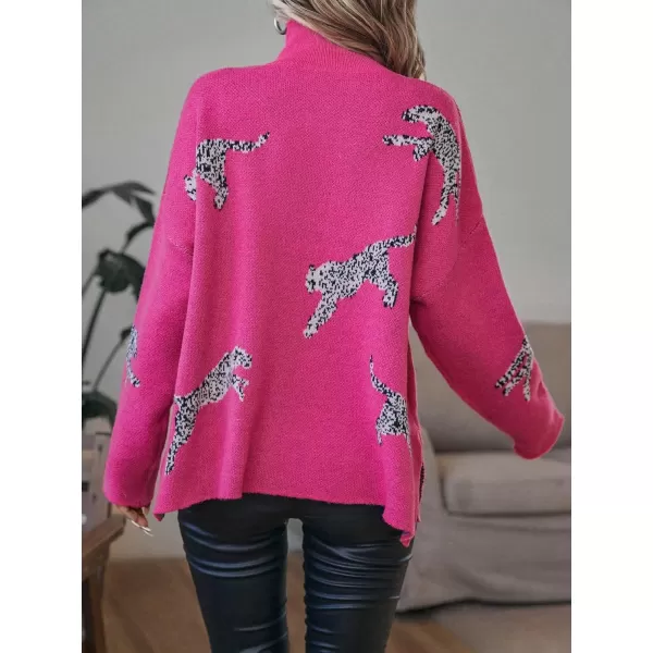 WDIRARA Women's Leopard Print High Neck Long Sleeve Sweater Casual Knit Pullovers