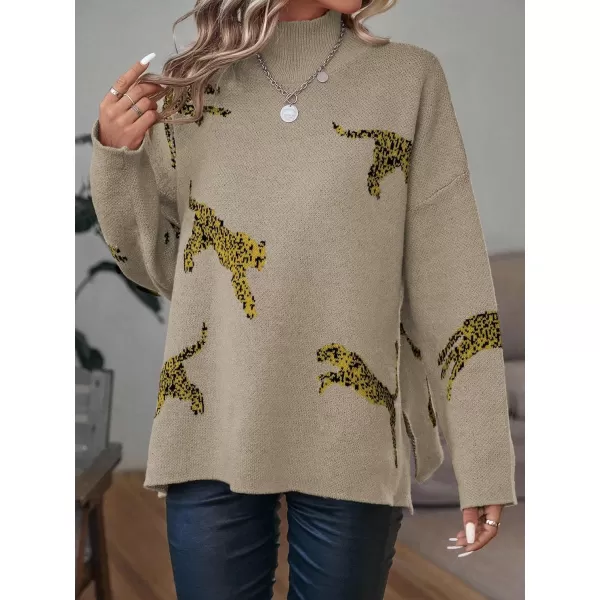 WDIRARA Women's Leopard Print High Neck Long Sleeve Sweater Casual Knit Pullovers