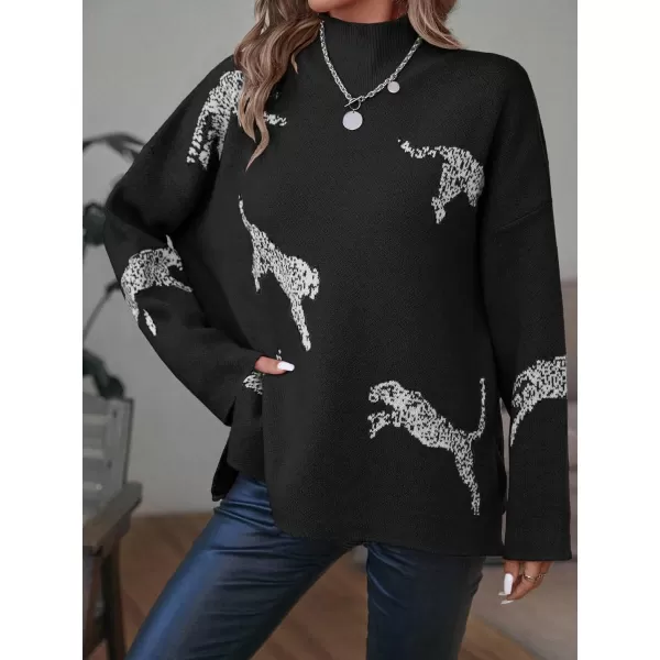 WDIRARA Women's Leopard Print High Neck Long Sleeve Sweater Casual Knit Pullovers