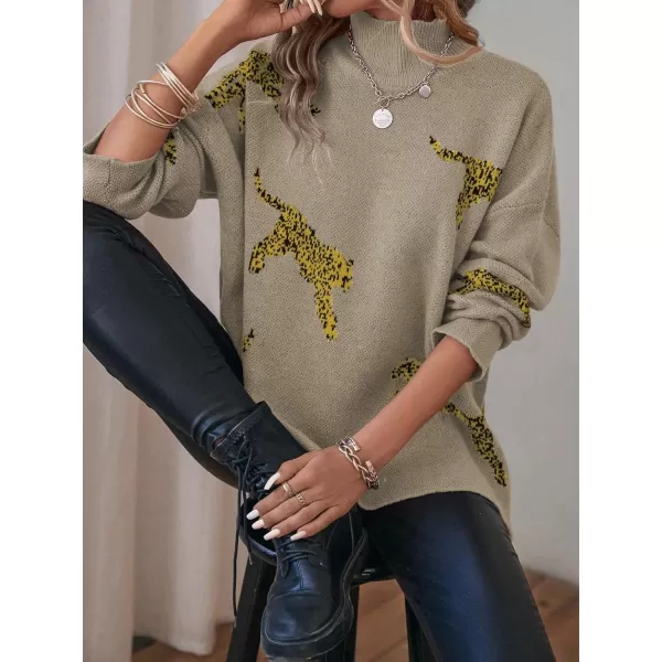 WDIRARA Women's Leopard Print High Neck Long Sleeve Sweater Casual Knit Pullovers