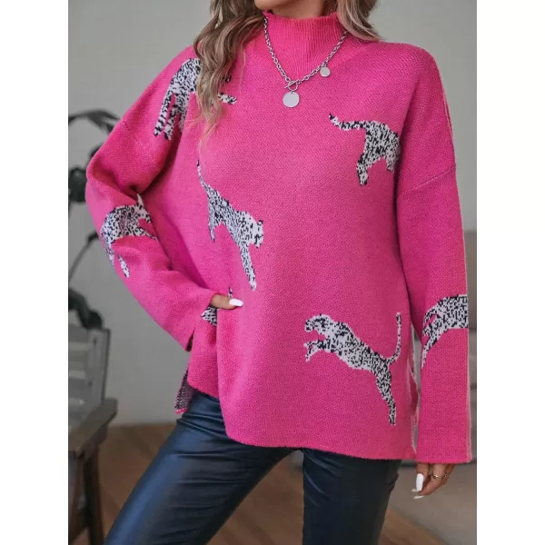 WDIRARA Women's Leopard Print High Neck Long Sleeve Sweater Casual Knit Pullovers