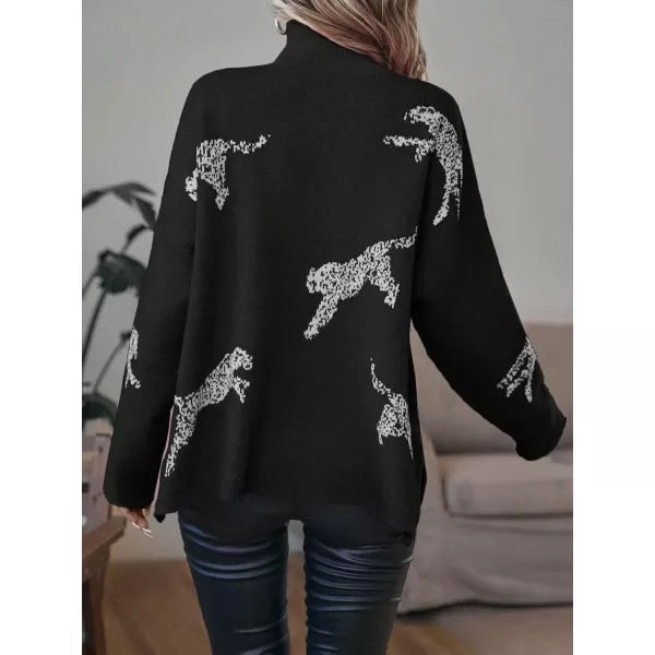 WDIRARA Women's Leopard Print High Neck Long Sleeve Sweater Casual Knit Pullovers