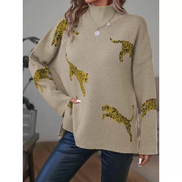 WDIRARA Women's Leopard Print High Neck Long Sleeve Sweater Casual Knit Pullovers