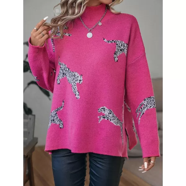 WDIRARA Women's Leopard Print High Neck Long Sleeve Sweater Casual Knit Pullovers