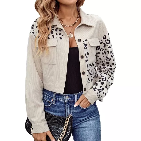 WDIRARA Women's Leopard Print Long Sleeve Button Front Pocket Corduroy Crop Jacket