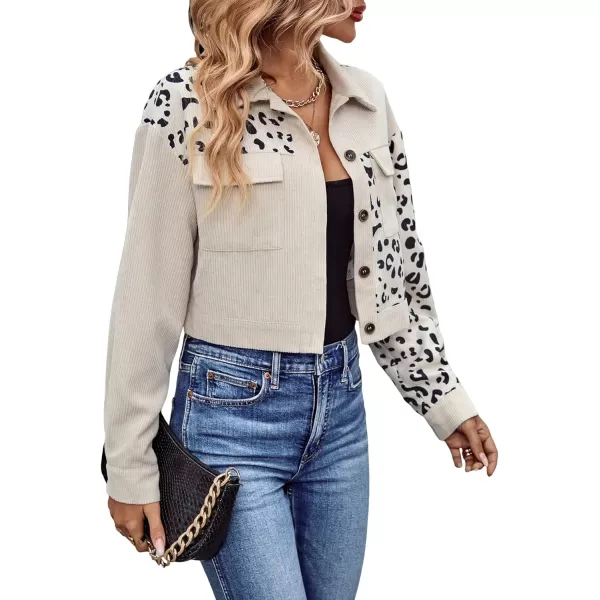 WDIRARA Women's Leopard Print Long Sleeve Button Front Pocket Corduroy Crop Jacket