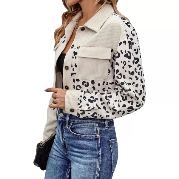 WDIRARA Women's Leopard Print Long Sleeve Button Front Pocket Corduroy Crop Jacket
