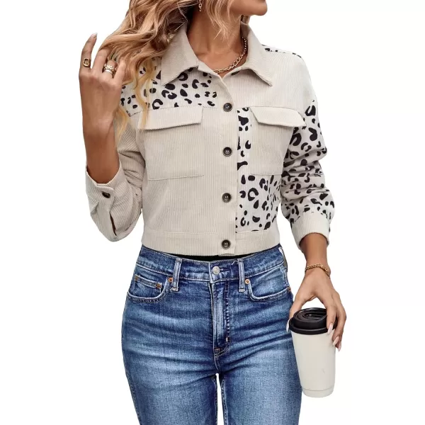 WDIRARA Women's Leopard Print Long Sleeve Button Front Pocket Corduroy Crop Jacket