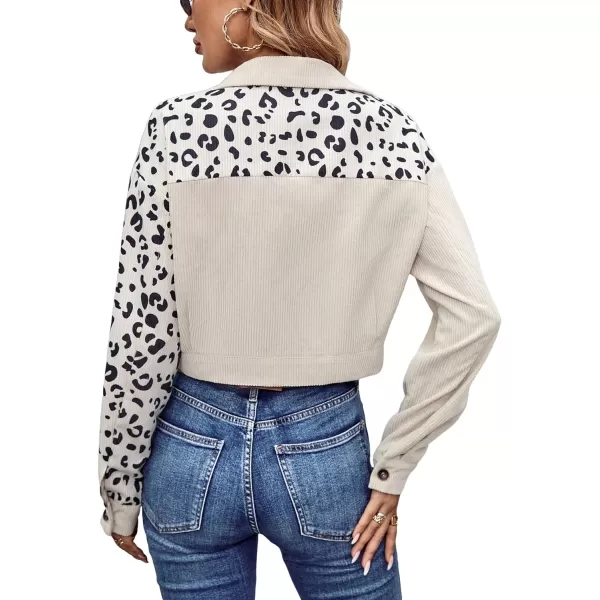 WDIRARA Women's Leopard Print Long Sleeve Button Front Pocket Corduroy Crop Jacket