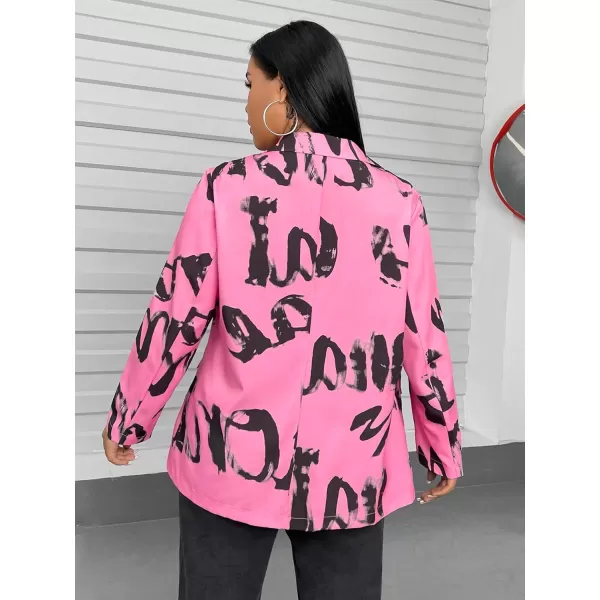 WDIRARA Women's Letter Graphic Printed Long Sleeve Plus Size Casual Blazer Jackets with Flap Pockets