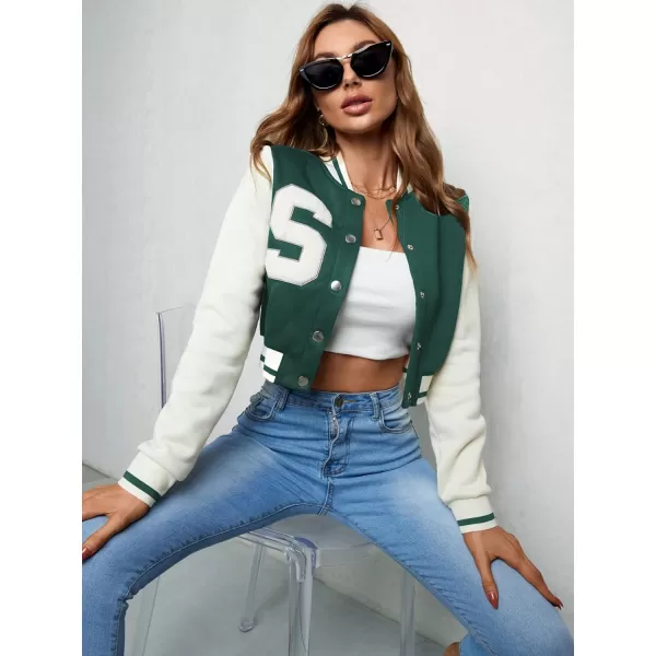 WDIRARA Women's Letter Print Crop Baseball Jacket Bomber Long Sleeve Colorblock Varsity Outerwear