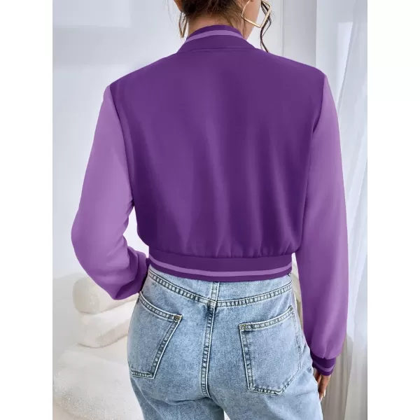 WDIRARA Women's Letter Print Crop Baseball Jacket Bomber Long Sleeve Colorblock Varsity Outerwear