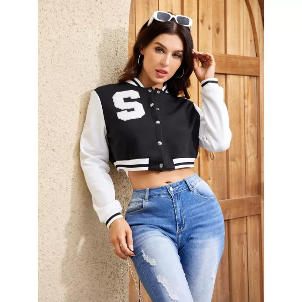 WDIRARA Women's Letter Print Crop Baseball Jacket Bomber Long Sleeve Colorblock Varsity Outerwear
