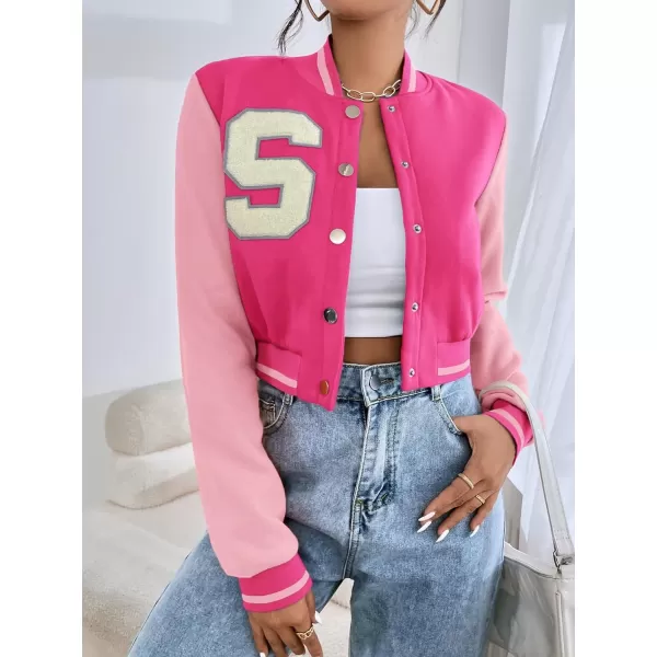 WDIRARA Women's Letter Print Crop Baseball Jacket Bomber Long Sleeve Colorblock Varsity Outerwear