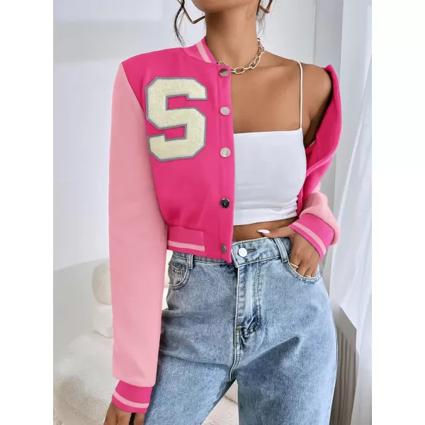 WDIRARA Women's Letter Print Crop Baseball Jacket Bomber Long Sleeve Colorblock Varsity Outerwear