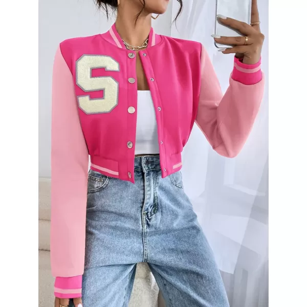 WDIRARA Women's Letter Print Crop Baseball Jacket Bomber Long Sleeve Colorblock Varsity Outerwear