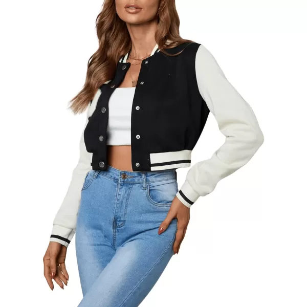 WDIRARA Women's Letter Print Crop Baseball Jacket Bomber Long Sleeve Colorblock Varsity Outerwear