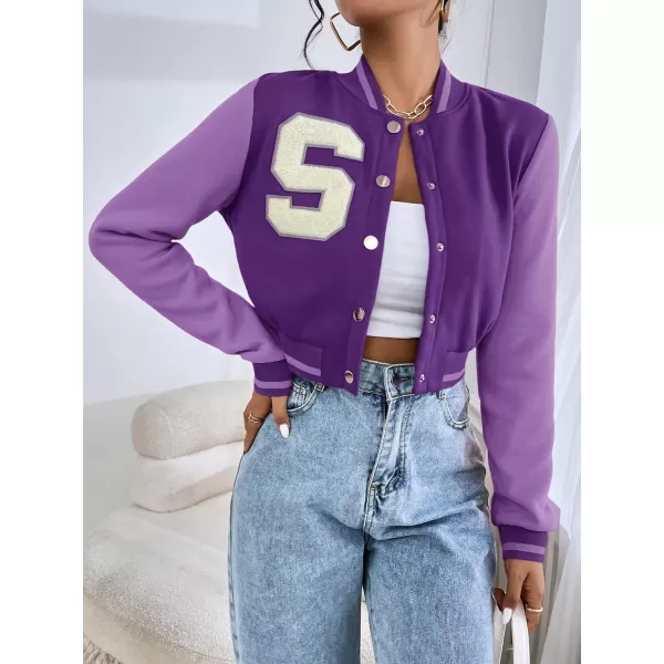 WDIRARA Women's Letter Print Crop Baseball Jacket Bomber Long Sleeve Colorblock Varsity Outerwear