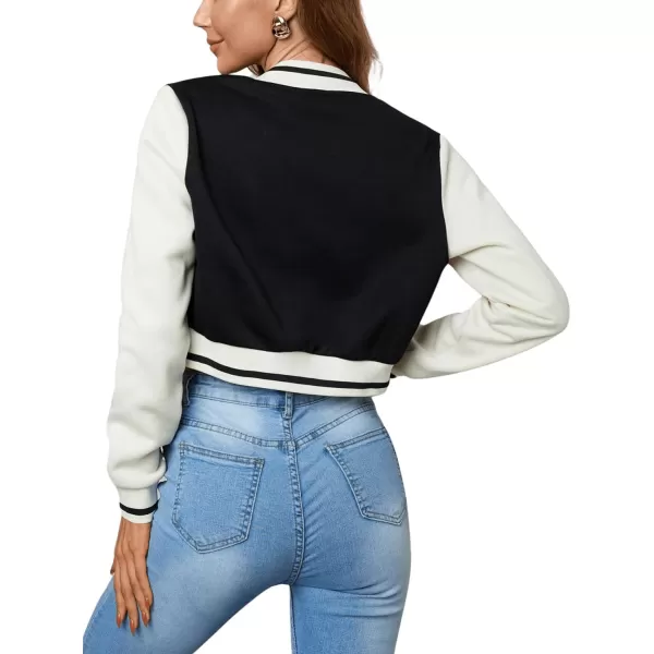 WDIRARA Women's Letter Print Crop Baseball Jacket Bomber Long Sleeve Colorblock Varsity Outerwear