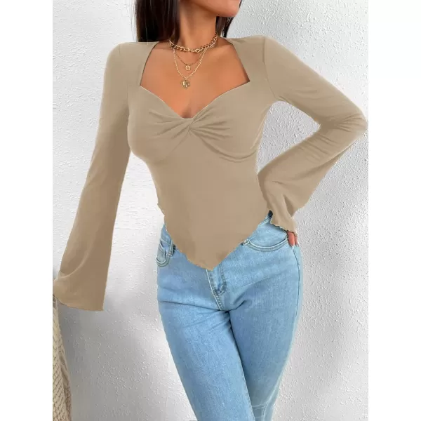 WDIRARA Women's Long Flared Sleeve V Neck Crop Top Twist Front Asymmetrical Shirt