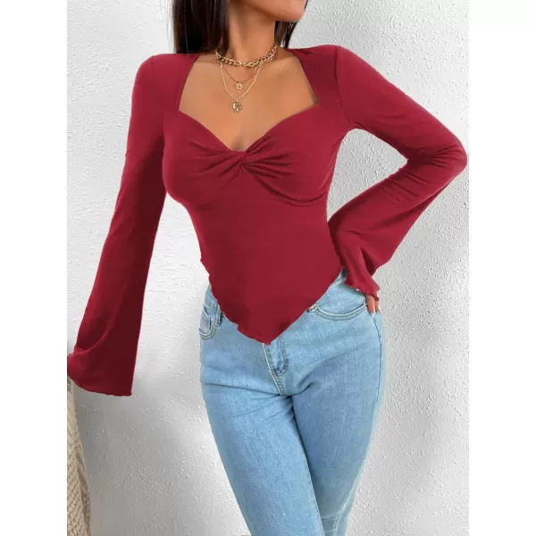 WDIRARA Women's Long Flared Sleeve V Neck Crop Top Twist Front Asymmetrical Shirt