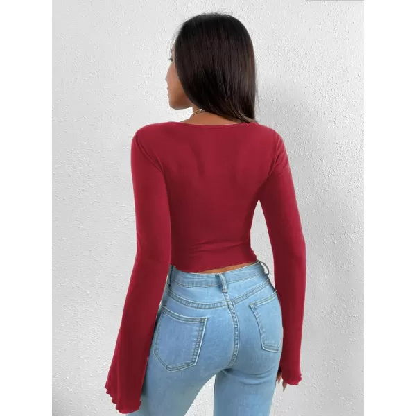 WDIRARA Women's Long Flared Sleeve V Neck Crop Top Twist Front Asymmetrical Shirt