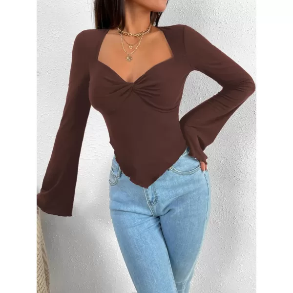 WDIRARA Women's Long Flared Sleeve V Neck Crop Top Twist Front Asymmetrical Shirt