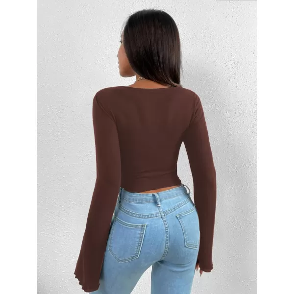 WDIRARA Women's Long Flared Sleeve V Neck Crop Top Twist Front Asymmetrical Shirt