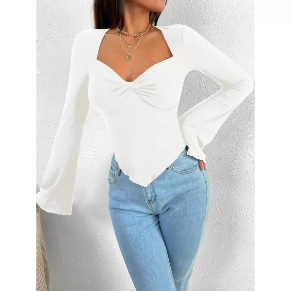 WDIRARA Women's Long Flared Sleeve V Neck Crop Top Twist Front Asymmetrical Shirt