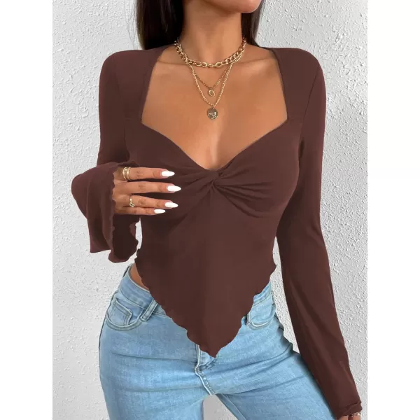 WDIRARA Women's Long Flared Sleeve V Neck Crop Top Twist Front Asymmetrical Shirt