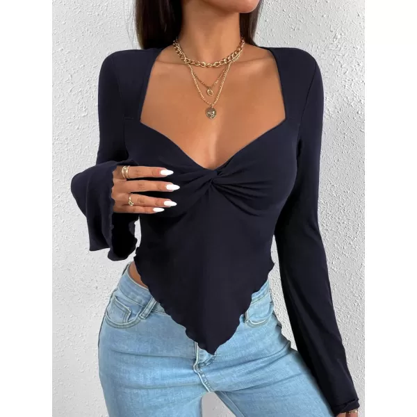 WDIRARA Women's Long Flared Sleeve V Neck Crop Top Twist Front Asymmetrical Shirt